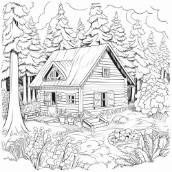 a cozy cabin in the forest coloring page