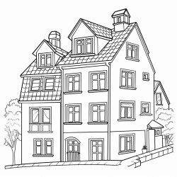 a single town house Nothing on the background or foreground The town house has four levels Each level has a balcony and a window There are no other buildings No shading Simple outlines
