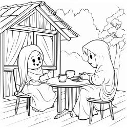 a ghost enjoying tea at a cabin