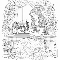 50 year old woman sitting at sewing machine surrounded by flowers