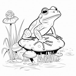 frog sitting on a mushroom drinking tea by the lake