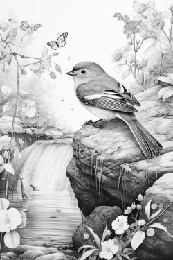 line art beautiful birds sitting on tree flying butterflies mountain small river pool trees stones water pathway
