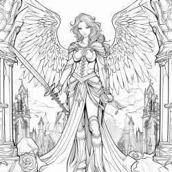a gothic angel holding a sword standing in a graveyard with gothic arches in the background