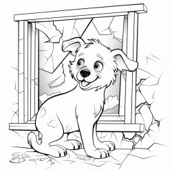 funny scene with dog by a broken window that he broke