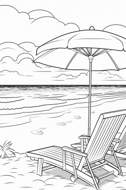 a spacious beach scene with a large umbrella and big waves