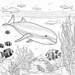 a vibrant underwater scene with various sea creatures like fish turtles a whale and coral reefs