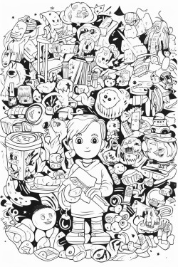 a hunt and find collage line art coloring page with 30 hidden buttons 10 hidden pencils 15 hidden flowers 15 hidden gemstones 10 stuffed bears 20 hidden marbles 10 books 15 hidden rubber ducks 10 triangles 15 blocks 10 hidden fairy wands and 10 hair bows