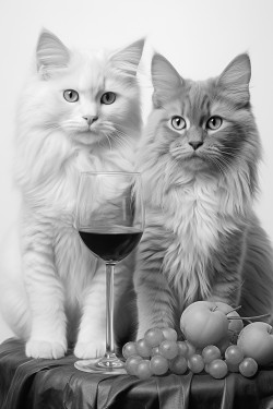 white cat with blue eyes and grey cat with yellow eyes they drink together wine white is older than grey