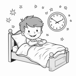 a 3 year old boy sleeping on his bed and there is clock on wall where time is 10 pm keep less details regarding room