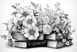 books surrounded by various delicate flowers