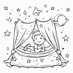 boy lying in a bed in a space ship looking out the ceiling at the stars