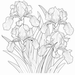 create a blackandwhite coloring page of irises in bloom use bold welldefined outlines for large petals and stems arrange the irises at different stages of bloom from buds to fully open flowers add a few leaves for detail but keep the design simple and uncluttered