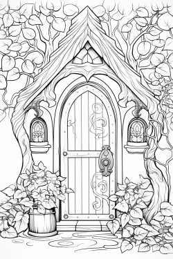 a cute cottage with vines and flowers glass stained window and a cute arched door no animals or people