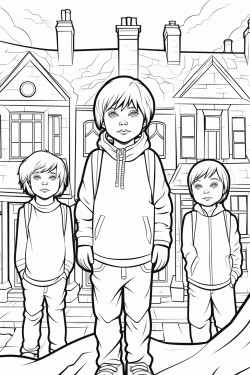 creepy images of blackeyed children standing in the street