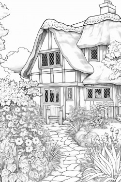 realistic english country cottage covered in flowers
