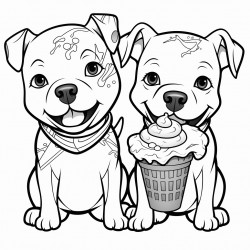 two pitbulls eating ice cream