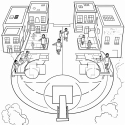 baskeball court with players
