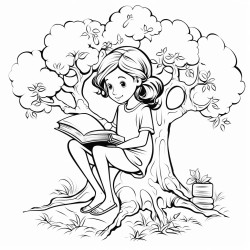 a young girl sitting under a tree reading a book