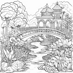 a whimsical garden with lots of flowers and trees and a pond and a bridge in the middle