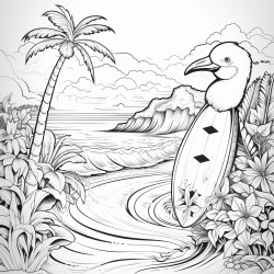 generating a highresolution 8k coloring book illustration of generating a highresolution 8k coloring book illustration of a tropical island with a surfing parrot with ride the waves in fun beachy font palm trees surfboards and coconuts add detail