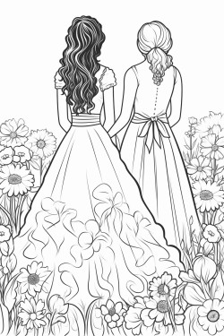 the backs of two brides in a field of flowers