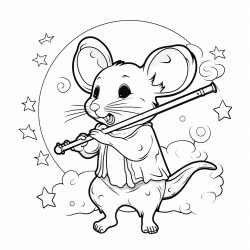 a mouse playing a flute under the moon