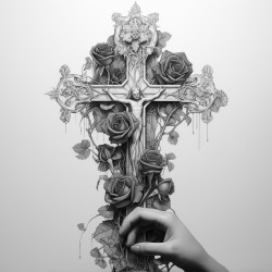 ivy wrapping around a thick wooden cross with a female hand coming up from bottom with a red rose