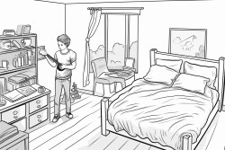 a semi thick lined no shade coming of age teenage boys bedroom from a overhead pov