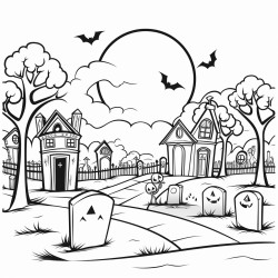 image with black lines on a white background illustrating a friendly cartoon of a spooky graveyard with tombstones ghosts and a full moon for coloring in large basic shapes coloring book style no solid fill ample white space for easy coloring ideal for kids coloring books enhanced line clarity