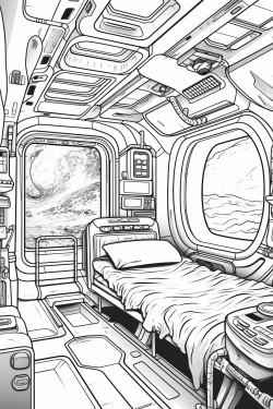 spaceship cabin bed screens desktop space futuristic detail