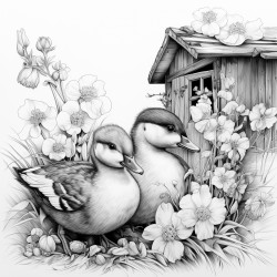 a cottagecore scene with ducklings with flowers on their head and strawberries