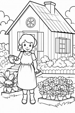 cottage with vegetable garden with flowers and a woman in a dress