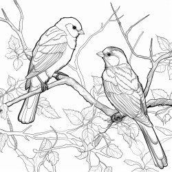 create a blackandwhite coloring page featuring birds perched on tree branches the birds should have bold clear outlines with large wings and simple features for easy coloring the branches should be detailed but uncluttered allowing for large spaces between the leaves and birds
