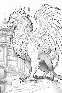 a powerful griffin standing guard in front of an ancient temple with detailed feathers and stone carvings