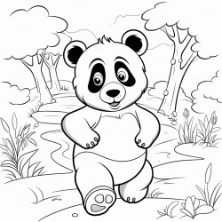 a panda walking in a pathway outline lineart coloring book 2d cartoon character