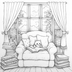 cozy reading nook  a window seat with fluffy cushions a soft blanket and a stack of kawaiithemed books
