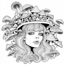 trippy girl with mushrooms in her hair psychedelic style with cannabis leafs