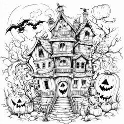 haunted house with halloween things around it in a storm and words that say happy stormoween
