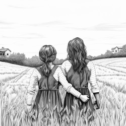 view from behind two kid sisters holding hands walking through a hay field across rolling hillstowards a distant barn