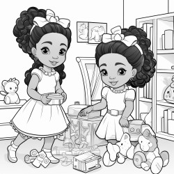 two little beautiful african american toddles with ponytails and bows playing with toys in a beautiful girly bedroom coloring page coloring page
