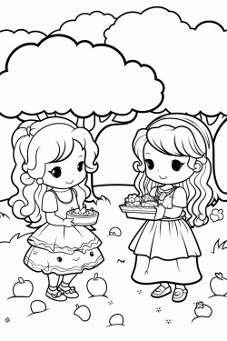 baby chibi unicorn eating apples with 4 year old girl with long hair and a summer dress in the park with trees