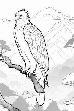 a majestic philippine eagle perched on a branch high in a tree with a forest canopy and distant mountains