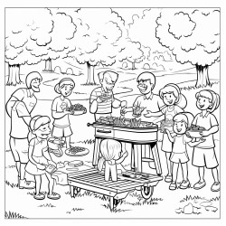 a big family party at the park with kids playing  cooking food on a grill