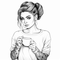 beautifull girl with hairbun and a cozy shirt holding a cup of coffee in her hands