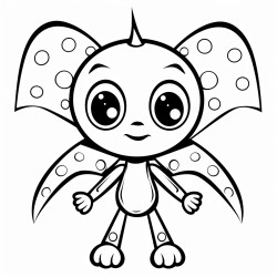 alien animal with 4 legs and 4 arms with wings and twinkling cute eyes white background kids colouring pageno shadows