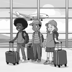 3 kids of different races and ages inside an airport terminal with luggage