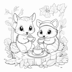 chibi style forest animals drinking tea autumn scene cozy