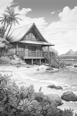 tropical island home with birds and flowers