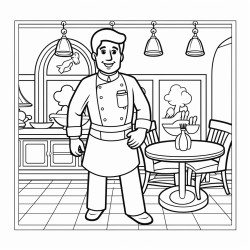 bw coloring book page line art solid white background featuring a doctor chef fire fighter waiter shop assistant teacher