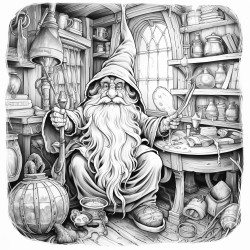 happy wizard in a room with magic artifacts